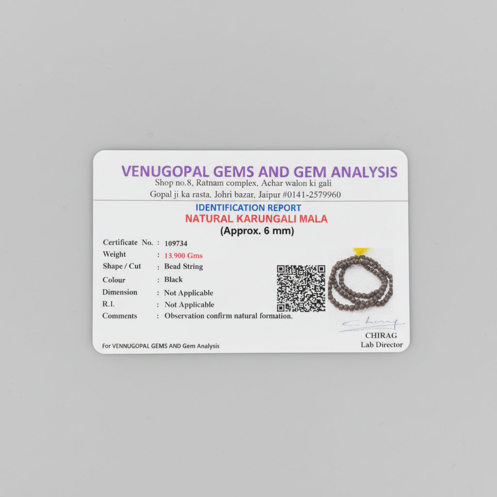 Identification card for a natural Karangali Mala on a red background