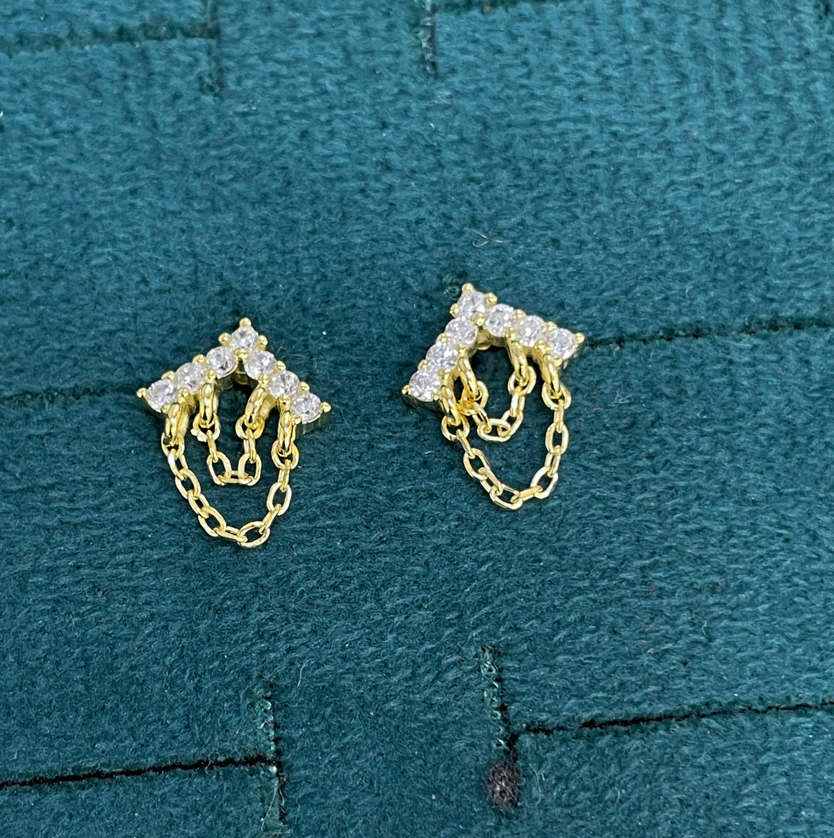 92.5 Sterling Silver Gold Plated White CZ Chevron Crown & Double Gold Chain Tassel Stud Earrings for Women