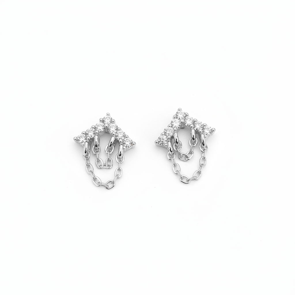 92.5 Sterling Silver Gold Plated White CZ Chevron Crown & Double Gold Chain Tassel Stud Earrings for Women