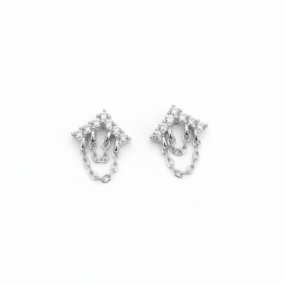 92.5 Sterling Silver Gold Plated White CZ Chevron Crown & Double Gold Chain Tassel Stud Earrings for Women