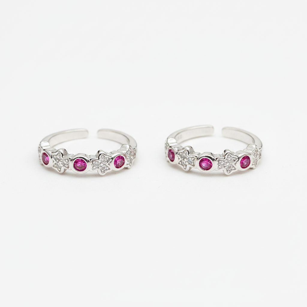 92.5 Sterling Silver Ruby Pink CZ & Star Pave White CZ Toe Rings
