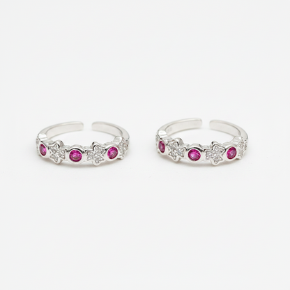 92.5 Sterling Silver Ruby Pink CZ & Star Pave White CZ Toe Rings