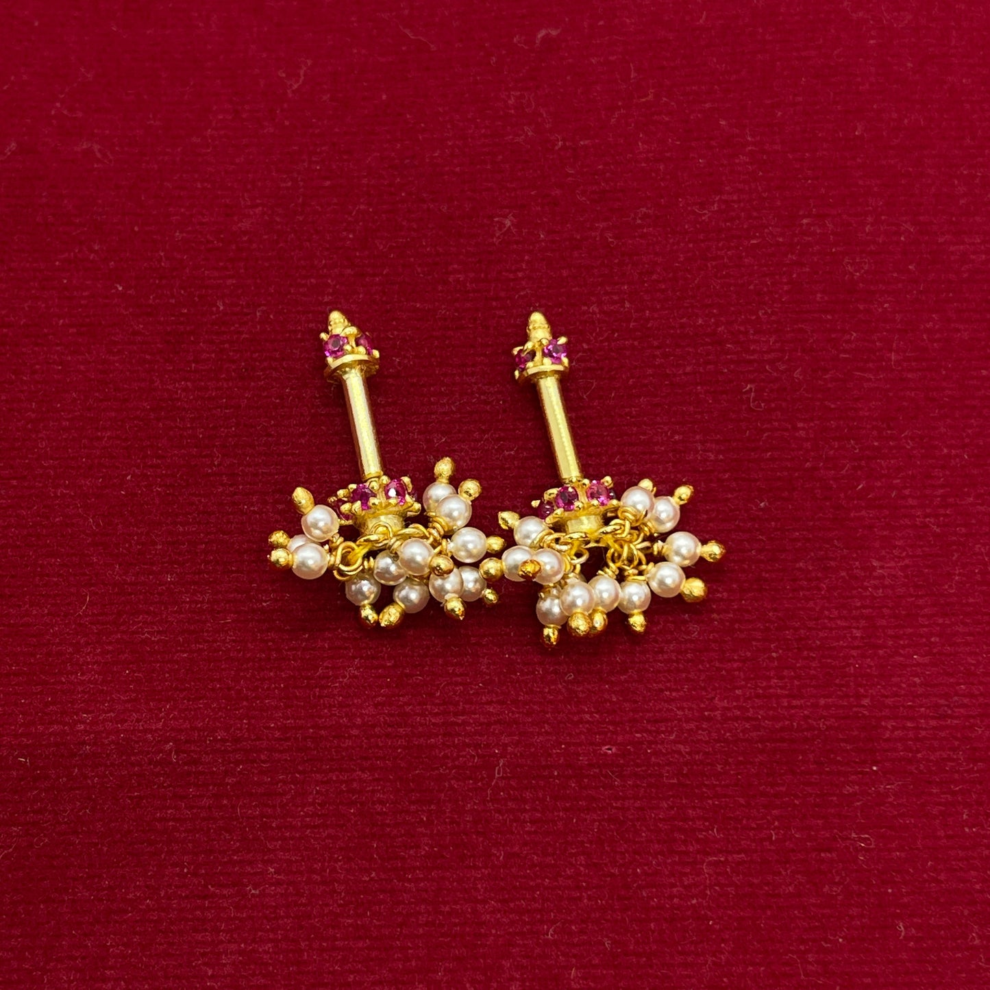 92.5 Sterling Silver Gold Plated Pearl Cluster Mini Ruby Jhumki Bugadi for Women | Ruby CZ Crown with Pearl Dangles | Helix Earring pair
