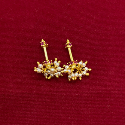 92.5 Sterling Silver Gold Plated Pearl Cluster Mini Ruby Jhumki Bugadi for Women | Ruby CZ Crown with Pearl Dangles | Helix Earring pair