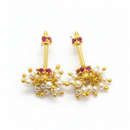 92.5 Sterling Silver Gold Plated Pearl Cluster Mini Ruby Jhumki Bugadi for Women | Ruby CZ Crown with Pearl Dangles | Helix Earring pair