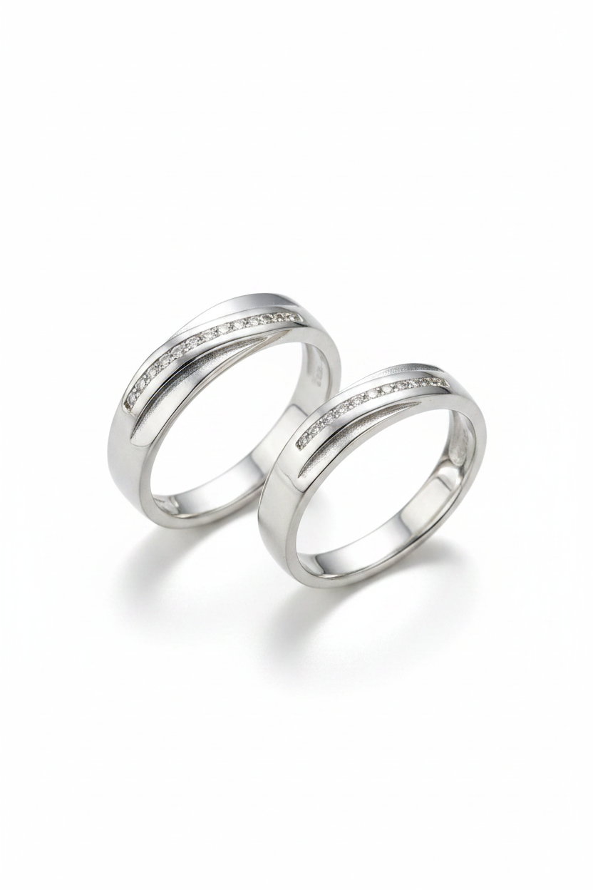 92.5 Silver Diagonal Stone Band Couple Rings | Adjustable Classic Design