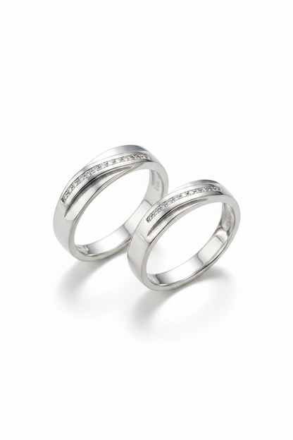 92.5 Silver Diagonal Stone Band Couple Rings | Adjustable Classic Design