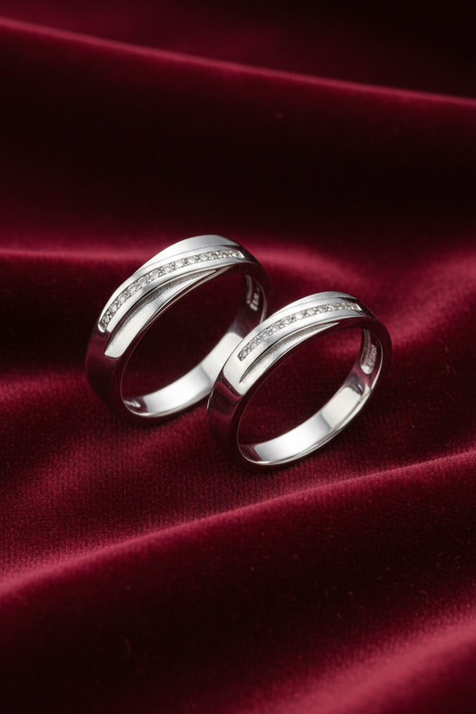 92.5 Silver Diagonal Stone Band Couple Rings for Women | Matching Him & Her Design