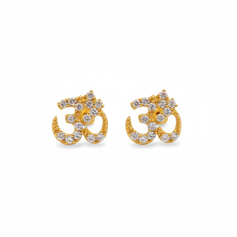 Gold Plated 92.5 Sterling Silver Pavé CZ Om Symbol Stud Earrings for Women | Sacred Om ॐ CZ Stud Earrings