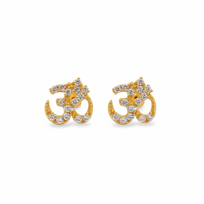 Gold Plated 92.5 Sterling Silver Pavé CZ Om Symbol Stud Earrings for Women | Sacred Om ॐ CZ Stud Earrings