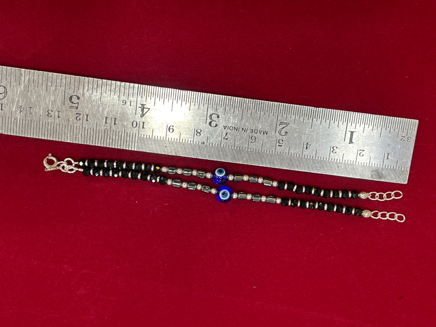 Silver Nazariya Black Bead Anklet for Kids | Set of 2 with Blue Evil Eye Charm