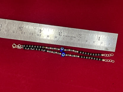 Silver Nazariya Black Bead Anklet for Kids | Set of 2 with Blue Evil Eye Charm