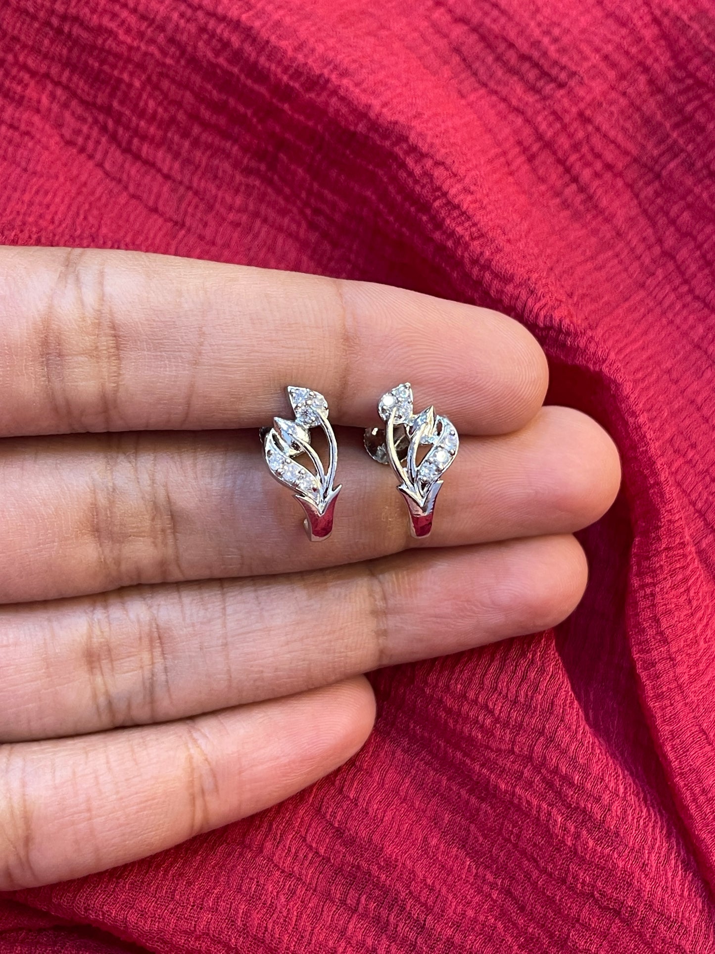 92.5 Silver Minimal Leaf CZ Earrings for Women | Elegant Cubic Zirconia Floral Design | Stylish Jewellery