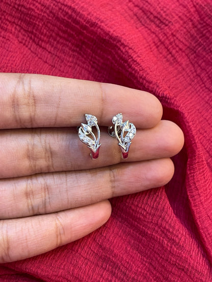 92.5 Silver Minimal Leaf CZ Earrings for Women | Elegant Cubic Zirconia Floral Design | Stylish Jewellery