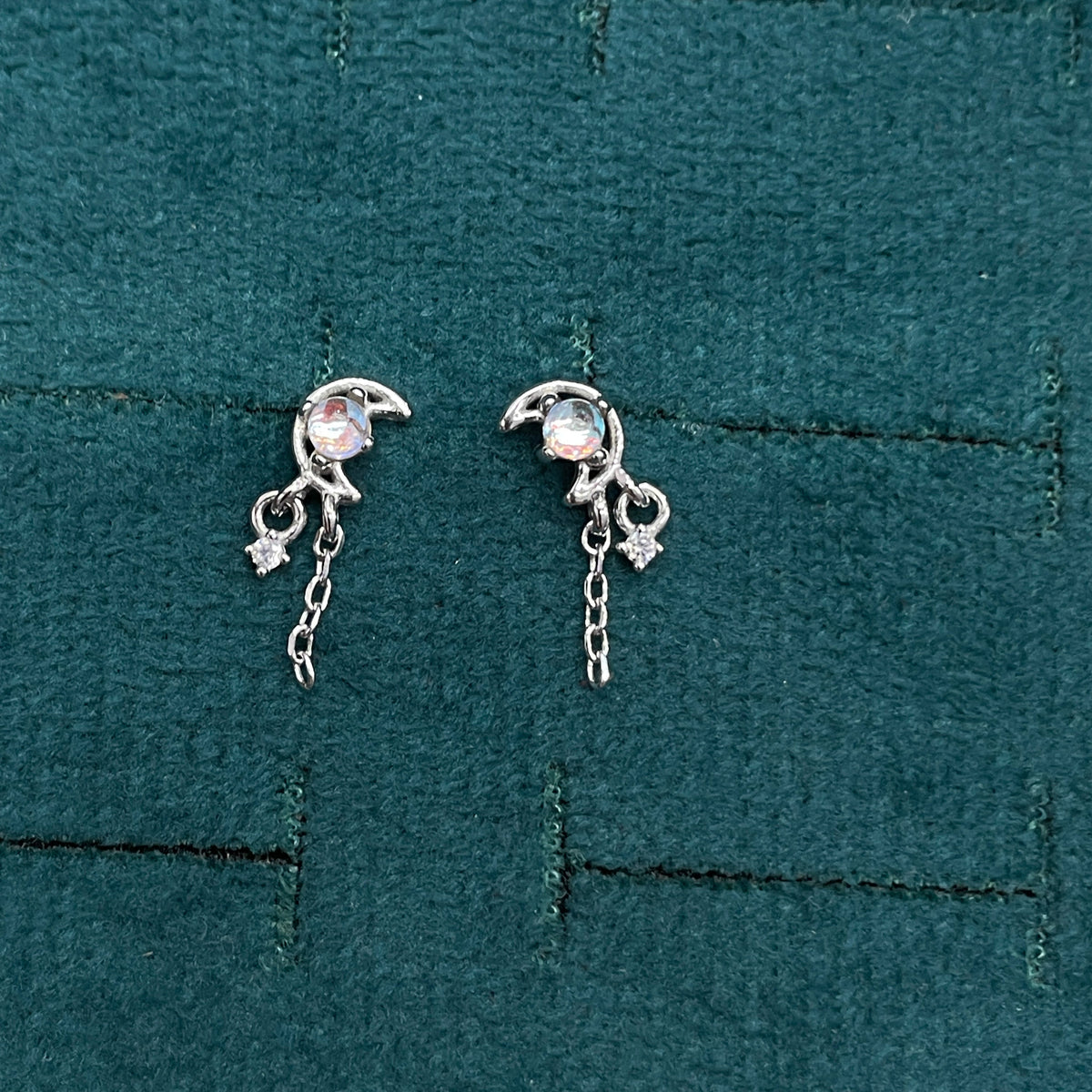 92.5 Sterling Silver Opal & Crescent Moon Stud with Double White CZ Chain Tassel Drop Earrings for Women