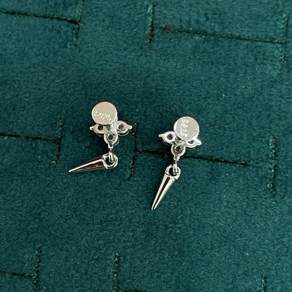 92.5 Sterling Silver Four-Petal Round White CZ Flower Cluster Stud with Cone Spike Drop Earrings for Women
