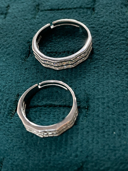 92.5 Silver Geometric Double Row Stone Couple Rings | Adjustable Band