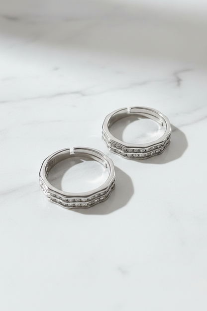 92.5 Silver Geometric Double Row Stone Couple Rings | Adjustable Band