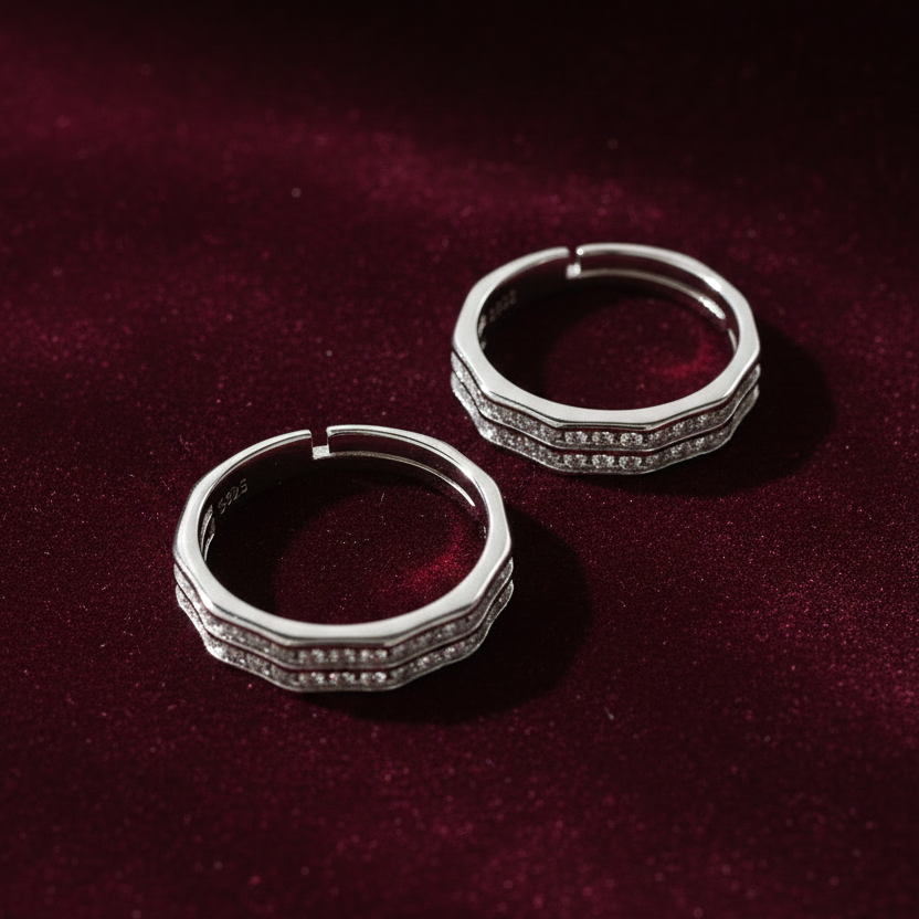 92.5 Silver Geometric Double Row Stone Couple Rings | Adjustable Band