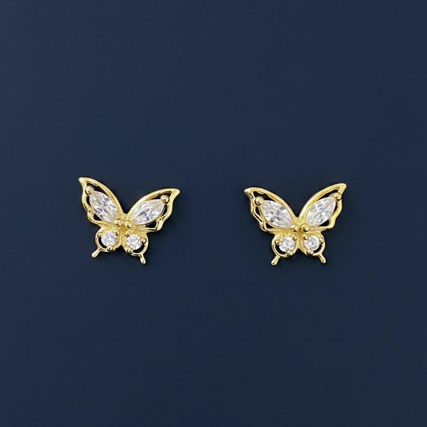 925 Silver Gold Finish Butterfly Stud Earrings | Ball Screw Back