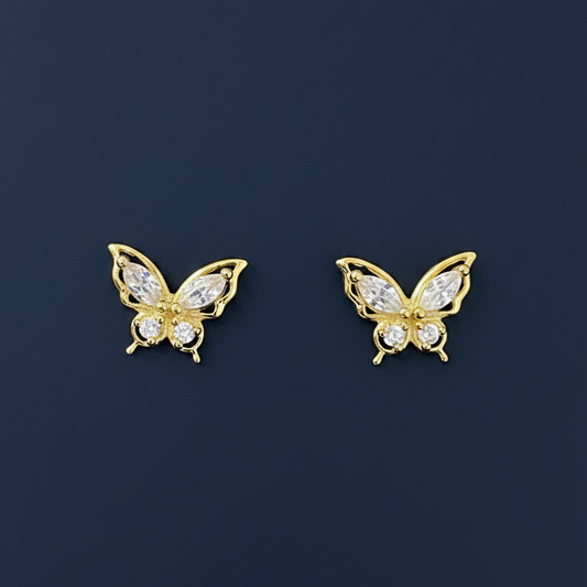 925 Silver Gold Finish Butterfly Stud Earrings | Ball Screw Back