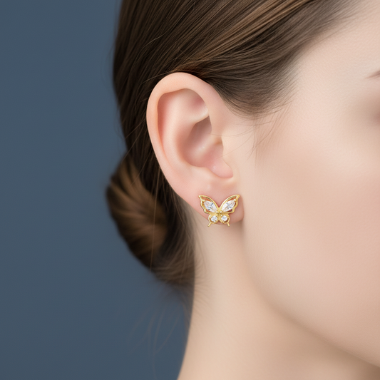 925 Silver Gold Finish Butterfly Stud Earrings | Ball Screw Back