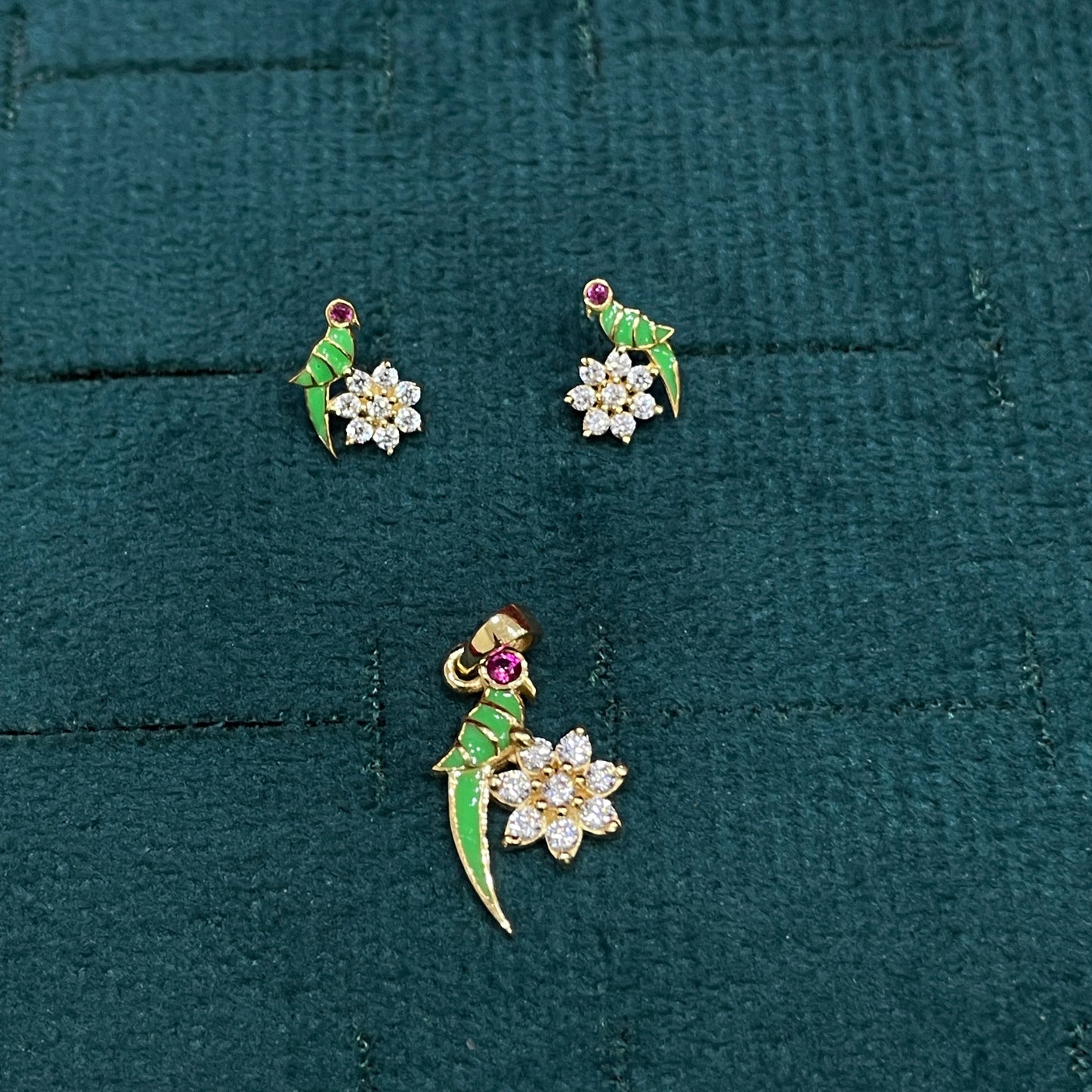 92.5 Sterling Silver Gold Plated Parrot on Flower Pendant & Earrings Set for Women | Green Enamel Parrot with Ruby CZ Eye