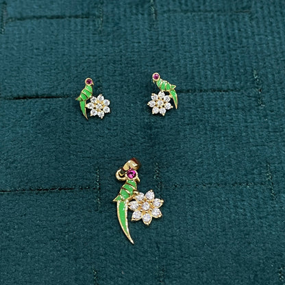 92.5 Sterling Silver Gold Plated Parrot on Flower Pendant & Earrings Set for Women | Green Enamel Parrot with Ruby CZ Eye
