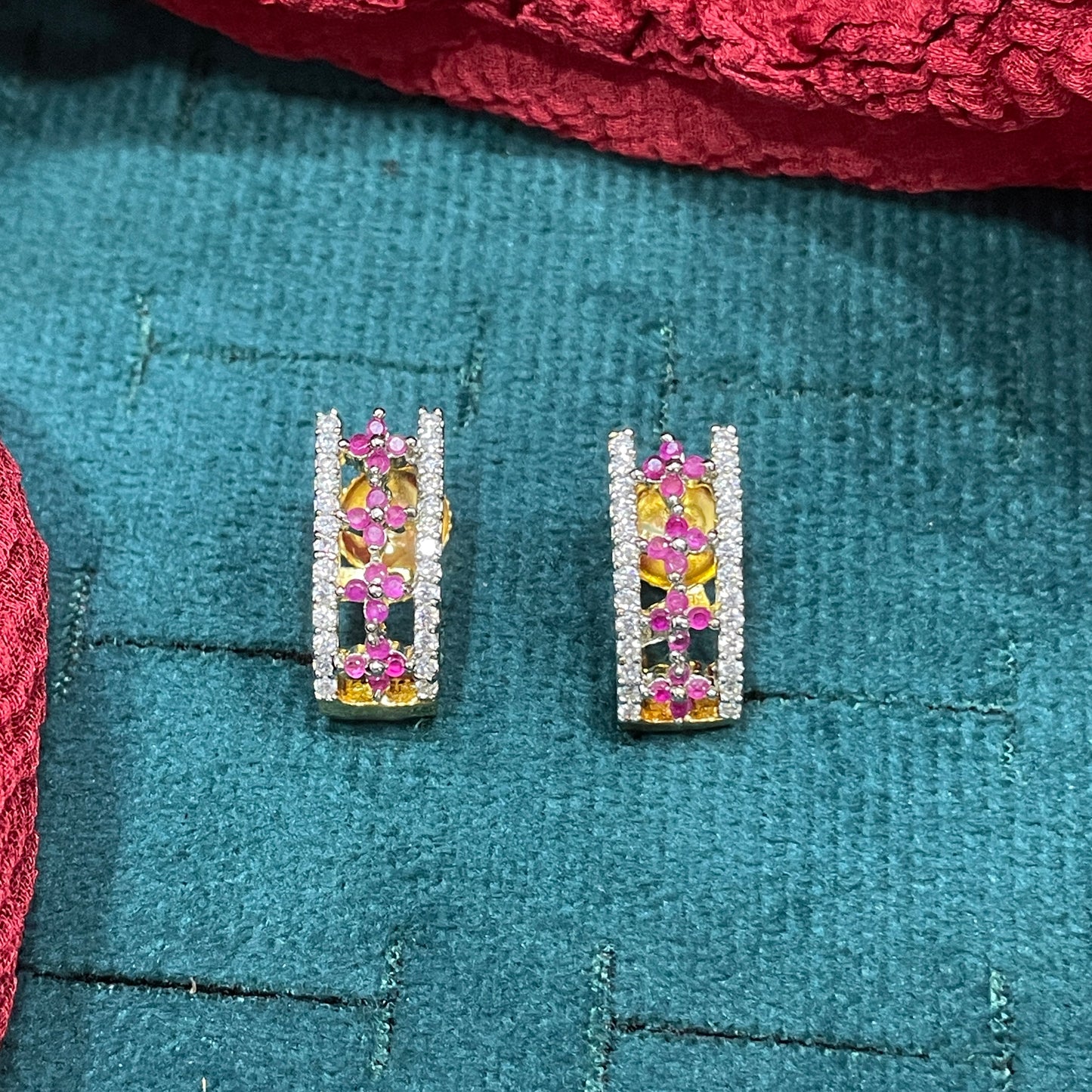 92.5 Silver Gold Plated Ruby Pink CZ & White CZ Floral J Studs