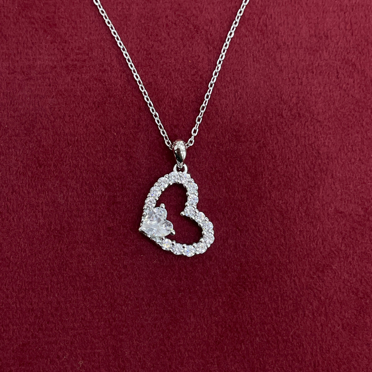 92.5 Silver White CZ Heart Pendant Chain for Women