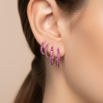 92.5 Silver Hoops with Pink Stones-Pair