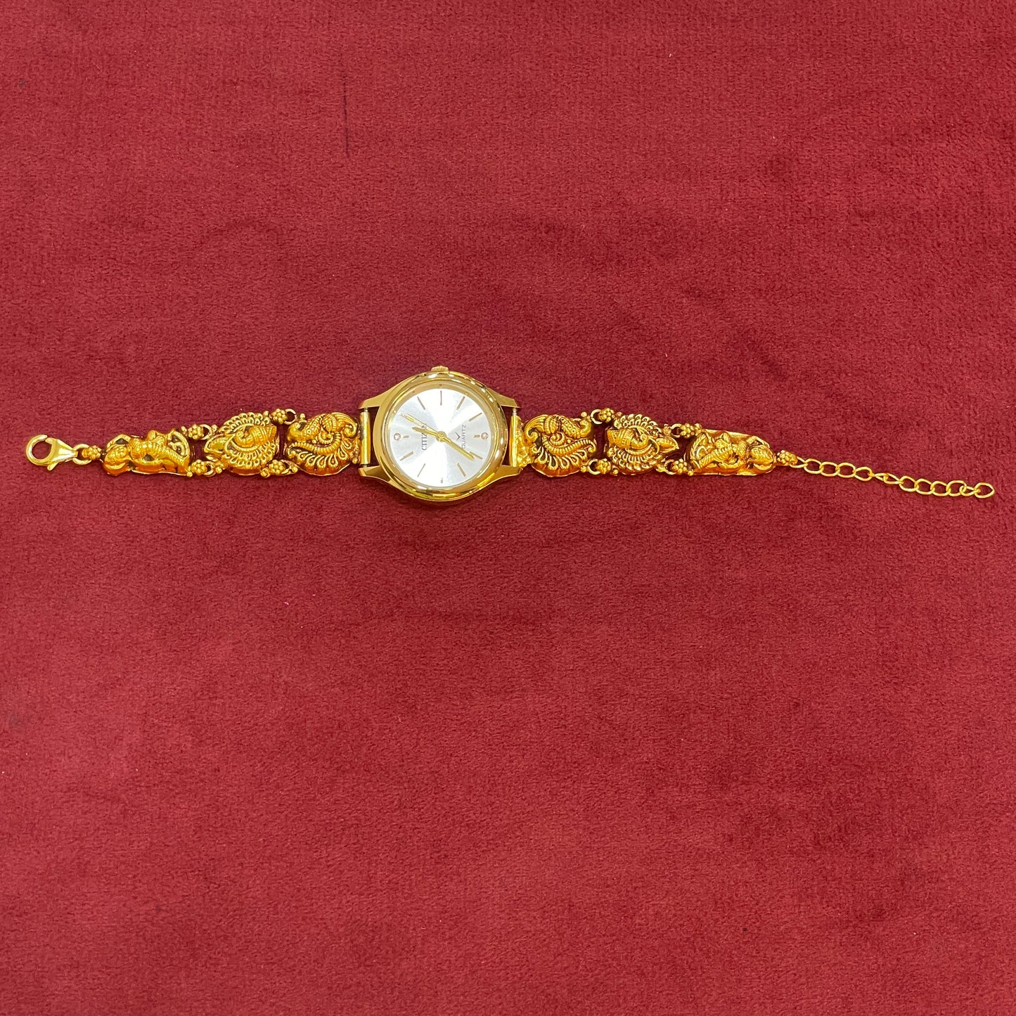925 Silver Gold-Plated Nakshi Bracelet Watch for Women | Antique Peacock & Paisley Engraved Strap | White Dial