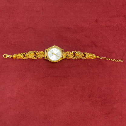 925 Silver Gold-Plated Nakshi Bracelet Watch for Women | Antique Peacock & Paisley Engraved Strap | White Dial