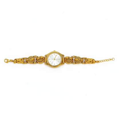 925 Silver Gold-Plated Nakshi Bracelet Watch for Women | Antique Peacock & Paisley Engraved Strap | White Dial