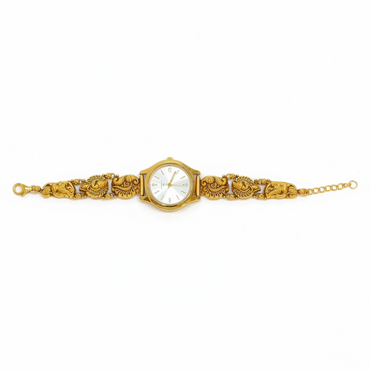 925 Silver Gold-Plated Nakshi Bracelet Watch for Women | Antique Peacock & Paisley Engraved Strap | White Dial
