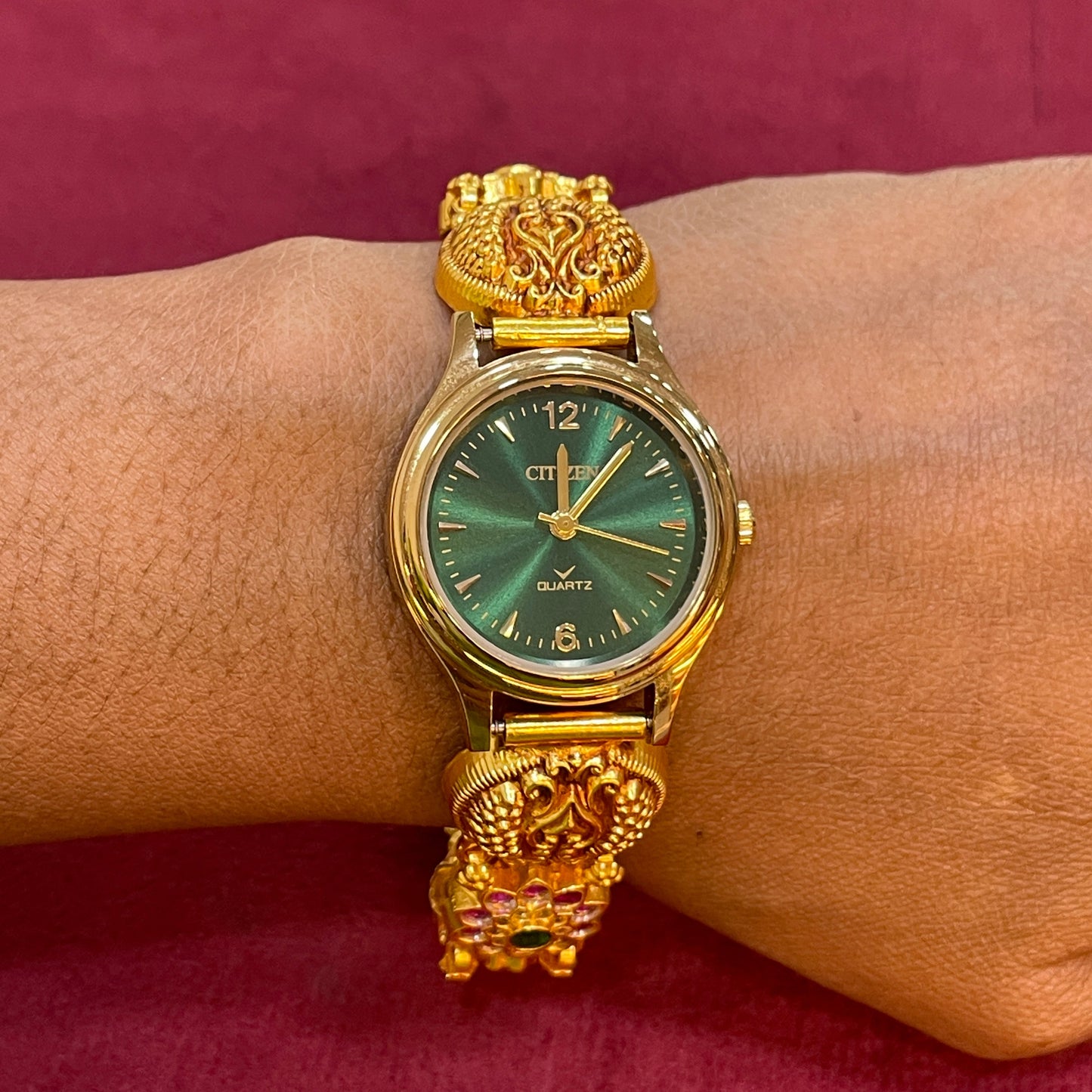 925 Silver Gold-Plated Nakshi Bracelet Watch for Women | Teal Dial | Peacock Strap with Ruby & Emerald CZ Flowers