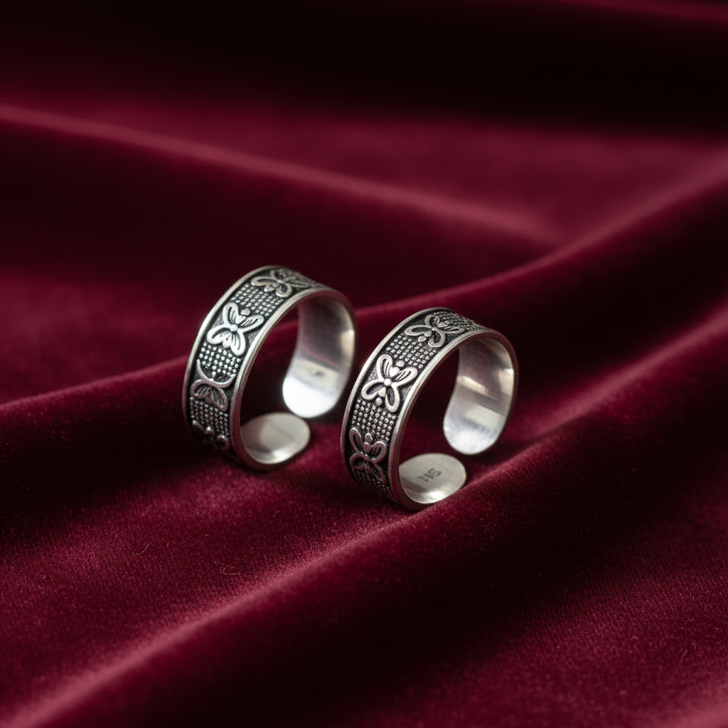92.5 Silver Toe Rings for Women | Butterfly Oxidised Design | Traditional Jewellery