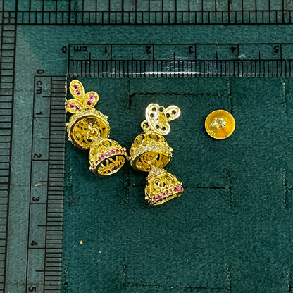 92.5 Sterling Silver Gold Plated Pink CZ & White CZ Double Jhumka Earrings for Women