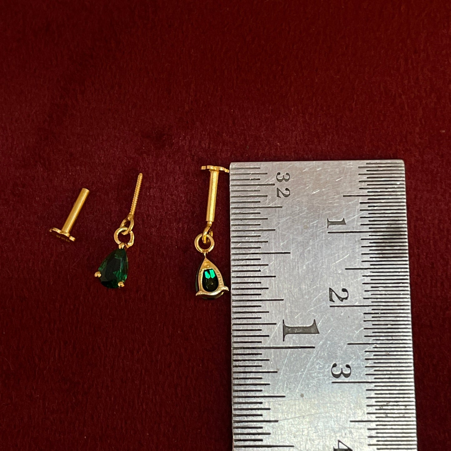 92.5 Silver Gold-Plated Bugadi for Women | Emerald Green Teardrop CZ Dangle on Bar Stud | Helix Earring pair