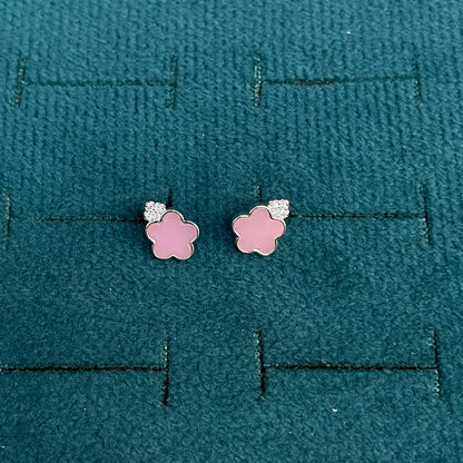 92.5 Silver Pink Mother-of-Pearl Flower Stud Earrings Pair