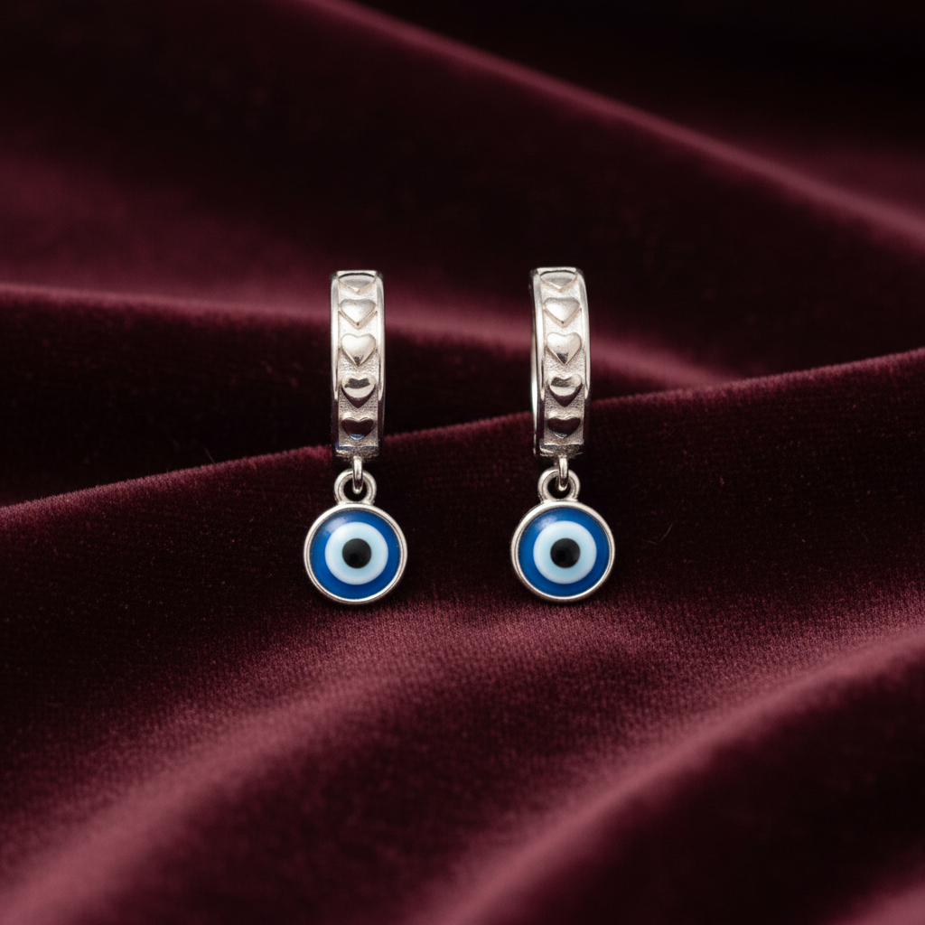 92.5 silver stylish heart evil eye bali earrings