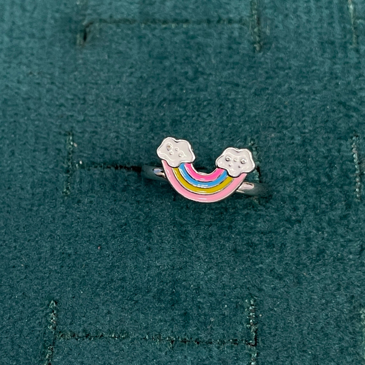 92.5 Sterling Silver Multicolour Enamel Rainbow & Clouds Charm Kids Finger Ring — Size 3