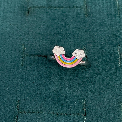 92.5 Sterling Silver Multicolour Enamel Rainbow & Clouds Charm Kids Finger Ring — Size 3