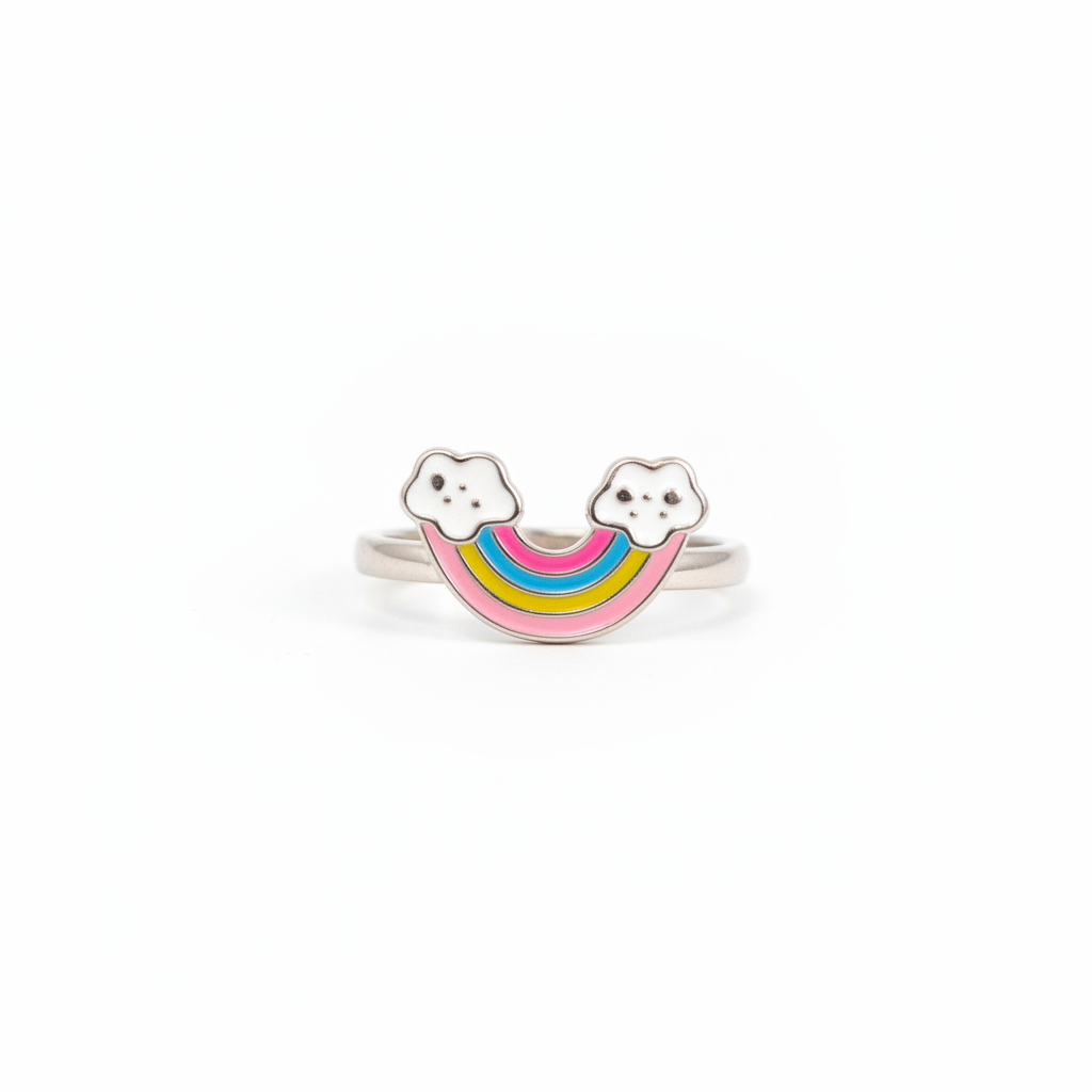 92.5 Sterling Silver Multicolour Enamel Rainbow & Clouds Charm Kids Finger Ring — Size 3