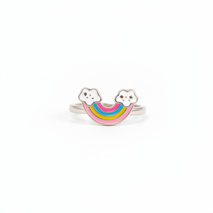 92.5 Sterling Silver Multicolour Enamel Rainbow & Clouds Charm Kids Finger Ring — Size 3