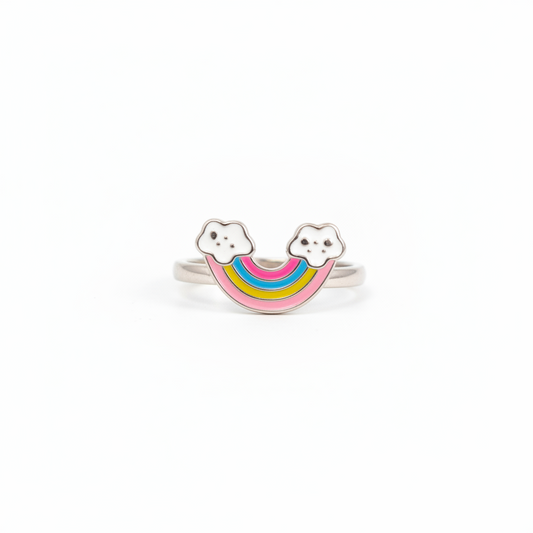 92.5 Sterling Silver Multicolour Enamel Rainbow & Clouds Charm Kids Finger Ring — Size 3