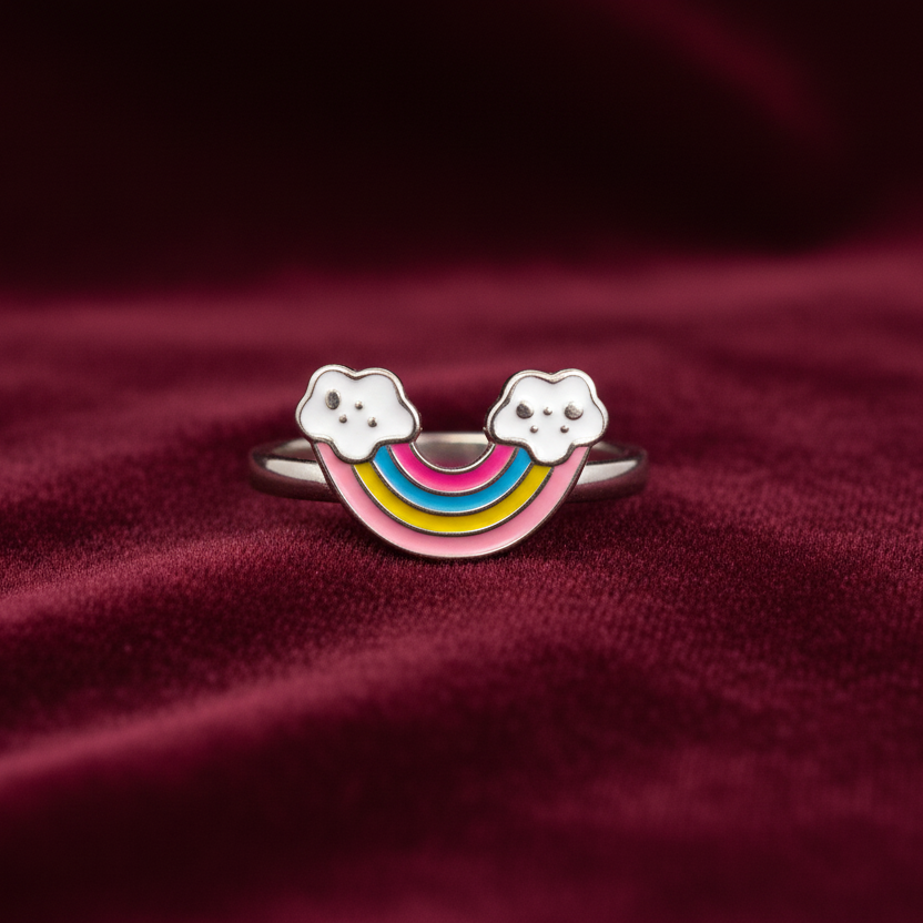 92.5 Sterling Silver Multicolour Enamel Rainbow & Clouds Charm Kids Finger Ring — Size 3