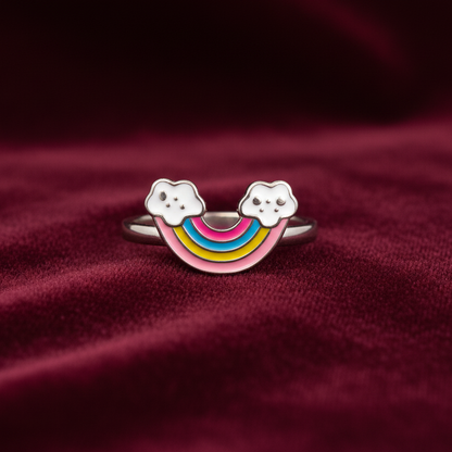 92.5 Sterling Silver Multicolour Enamel Rainbow & Clouds Charm Kids Finger Ring — Size 3
