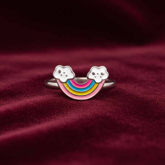 92.5 Sterling Silver Multicolour Enamel Rainbow & Clouds Charm Kids Finger Ring — Size 3