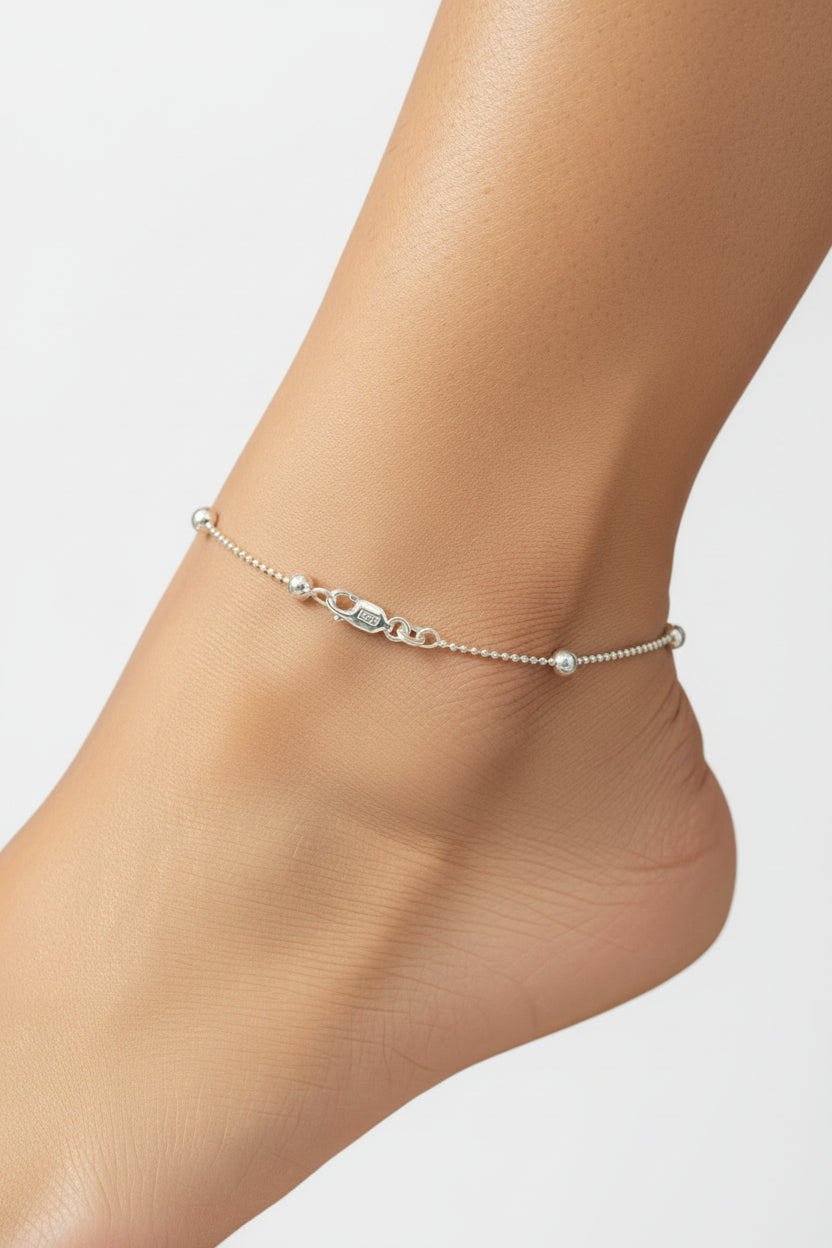92.5 Silver Italian Ball Anklet 10.5 Inches | Stylish Beaded Chain Design | Elegant Fashion Jewellery